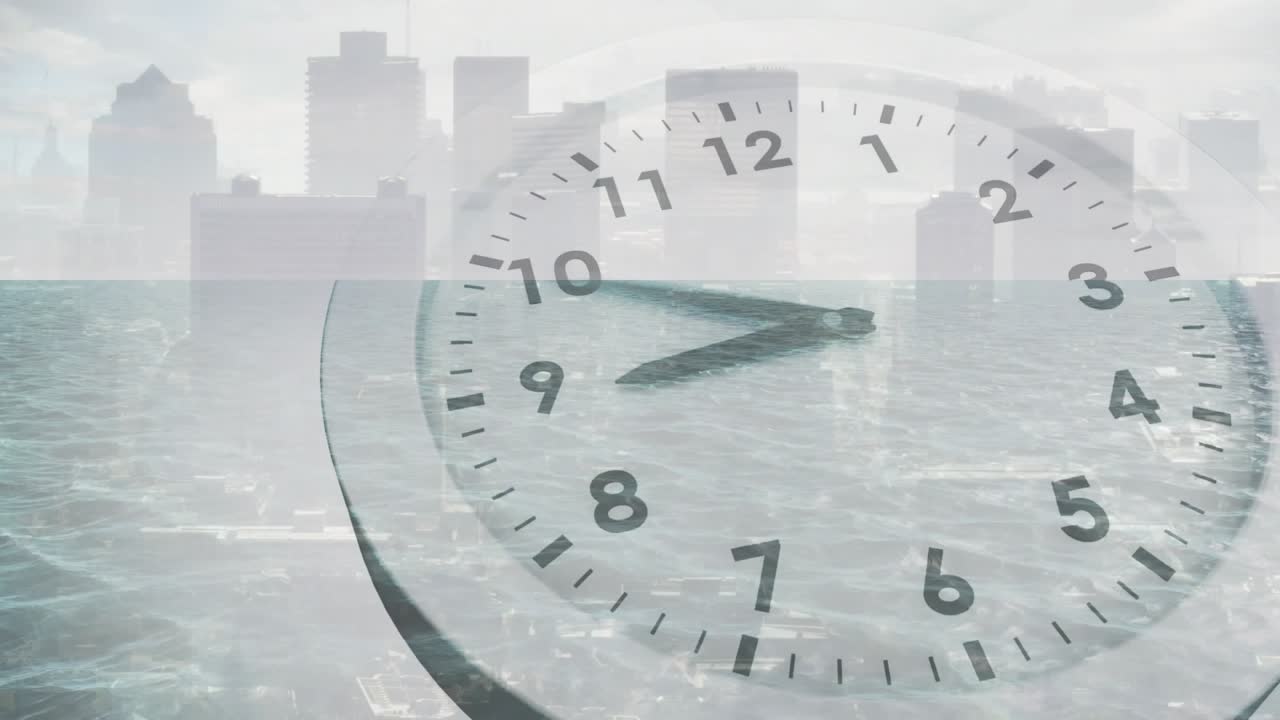 Upon initial tick, clock face starting hands rotating and showing time flow over coastal skyline