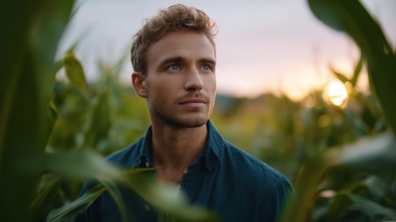 A contemplative moment captured among green cornfields at sunset, showcasing a young man's introspective expression and connection with nature's beauty