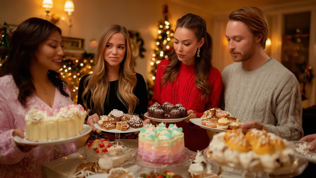 A Joyful Gathering of Friends Celebrating with a Variety of Delectable Desserts and Beautifully Decorated Cakes at a Festive Holiday Party, Surrounded by Cheerful Decorations and Warm Atmosphere