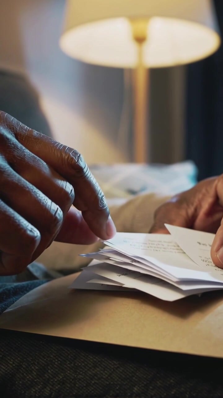 Vertical video: Approaching hands lifting and organizing folded notes on sofa, in dark top