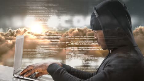Digital animation of hacker usng laptop and digital codes 4k