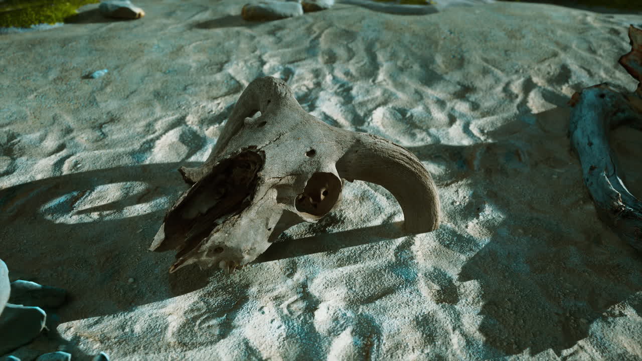 모래 표면 에 있는 동물 의 두개골 의 클로즈업