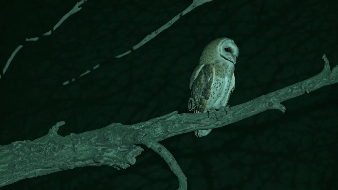 Night vision video captures an owl perched on a branch. The low-angle shot highlights the eerie