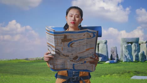 Asian Female Hiker With Mountaineering Backpack Looking At The Map Then Looking Around While Traveling In Stonehenge