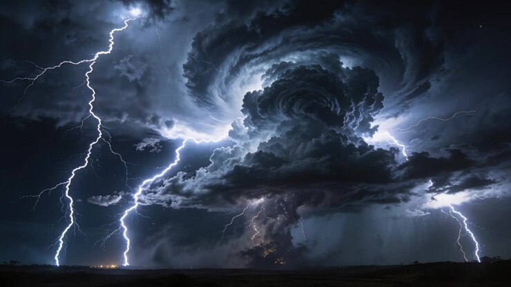 Corrente ascensionale che si intensifica, il nucleo della tempesta che scaglia fulmini e invia scrosci di pioggia su un campo rurale di notte.