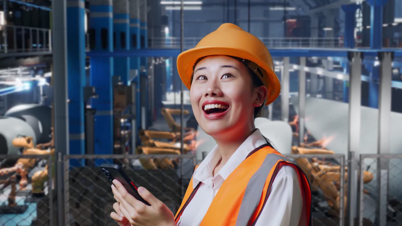 안전 헬을 입은 아시아 여성 엔지니어가 스마트 폰을 사용하고 풍력 터빈 제조 공장에서 서서 주변을 둘러보고 있는 모습