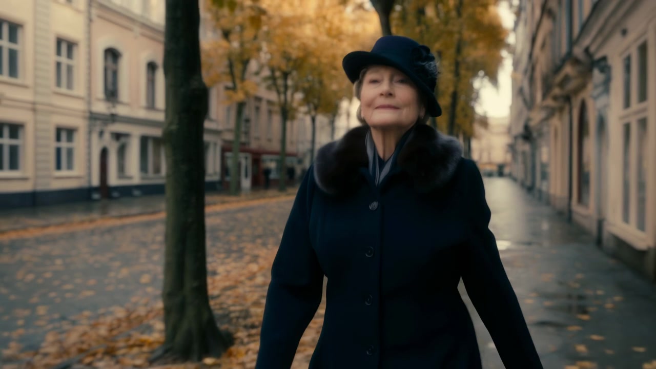 Anziana donna bianca che passeggia per una strada autunnale, cappotto nero e cappello di feltro, mani in tasca, foglie dorate che coprono.