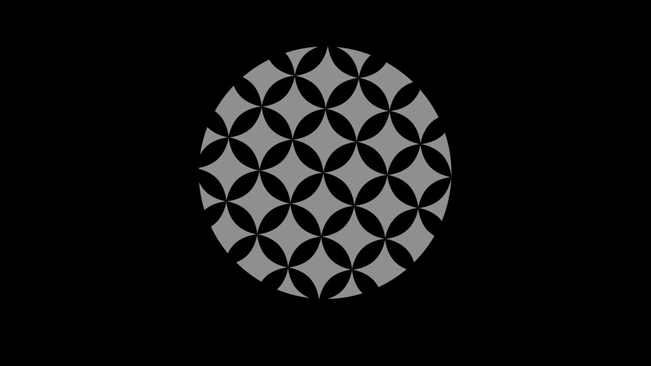 16:9 영상 형식으로 풀 스크린에서 중앙으로 사라지는 크기를 줄여 시계 방향으로 회전하는 스트로보스코픽 및 최면 효과를 가진 흑백 그래픽 객체