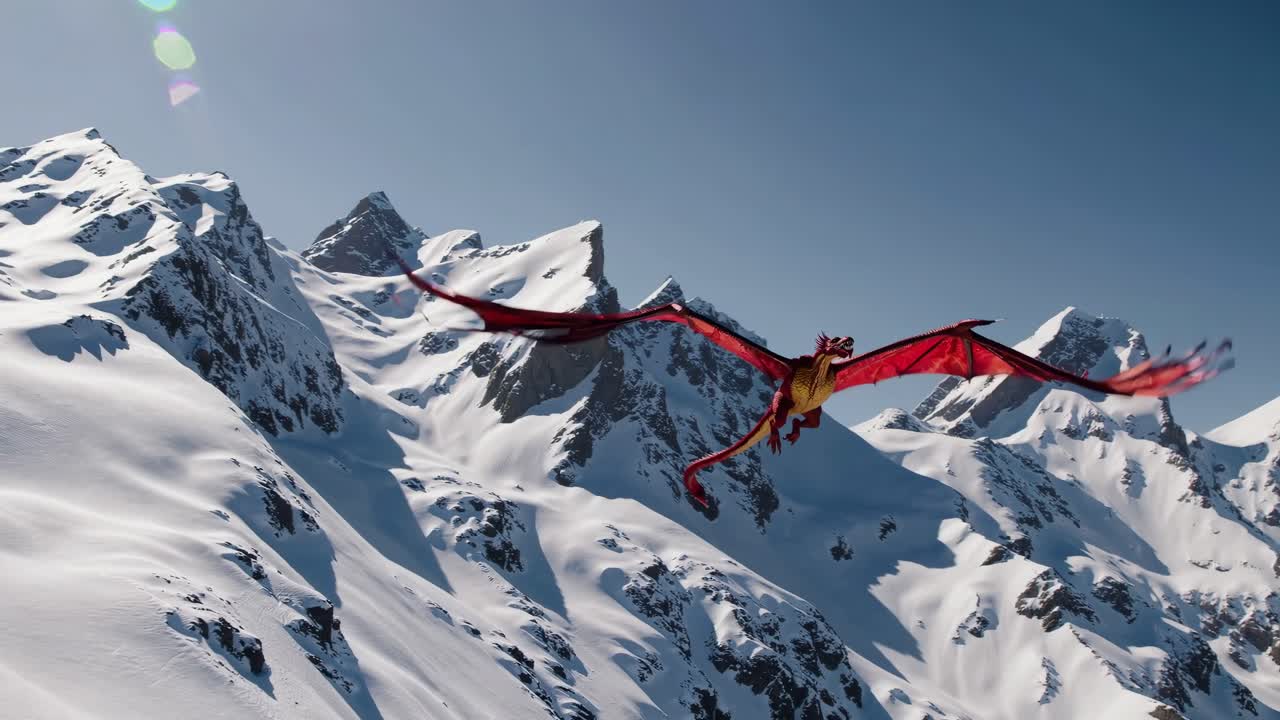 Aerial video of a red dragon soaring over snow-capped mountains, captured from a dynamic high-angle