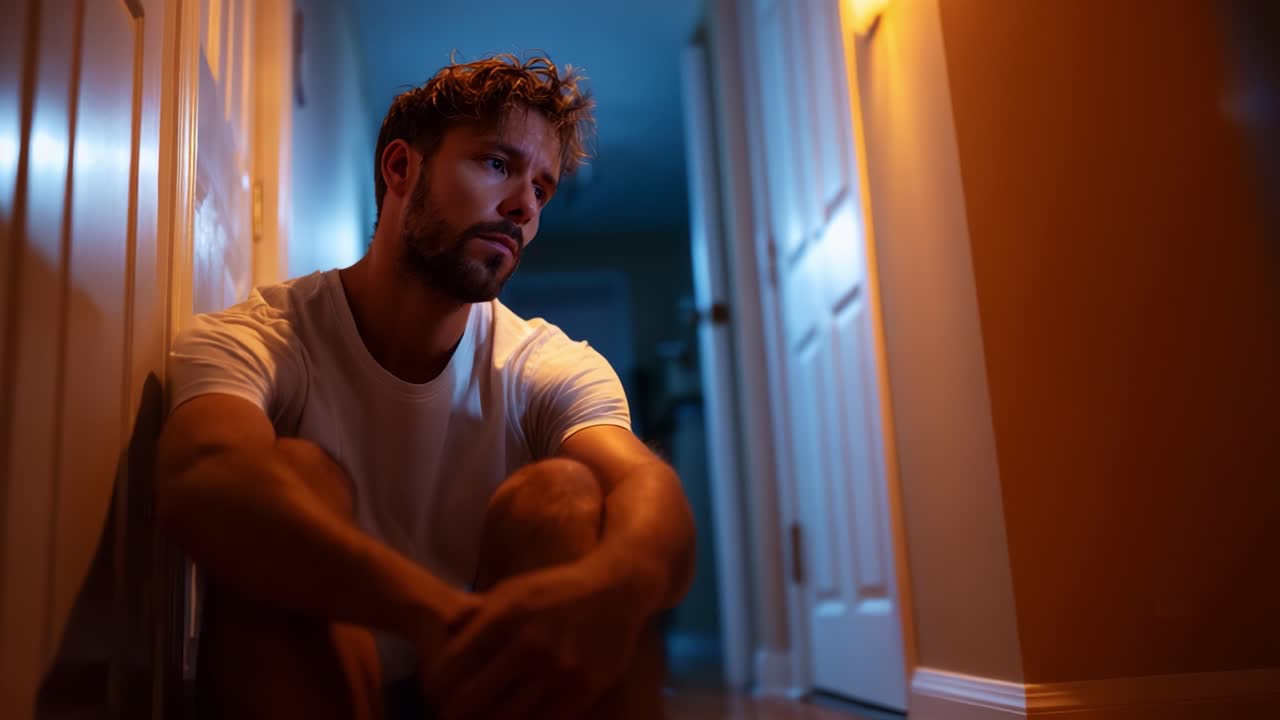 A pensive individual sitting in a dimly lit hallway, lost in thought, submerged in a moment of introspection and emotional reflection on life's uncertainties