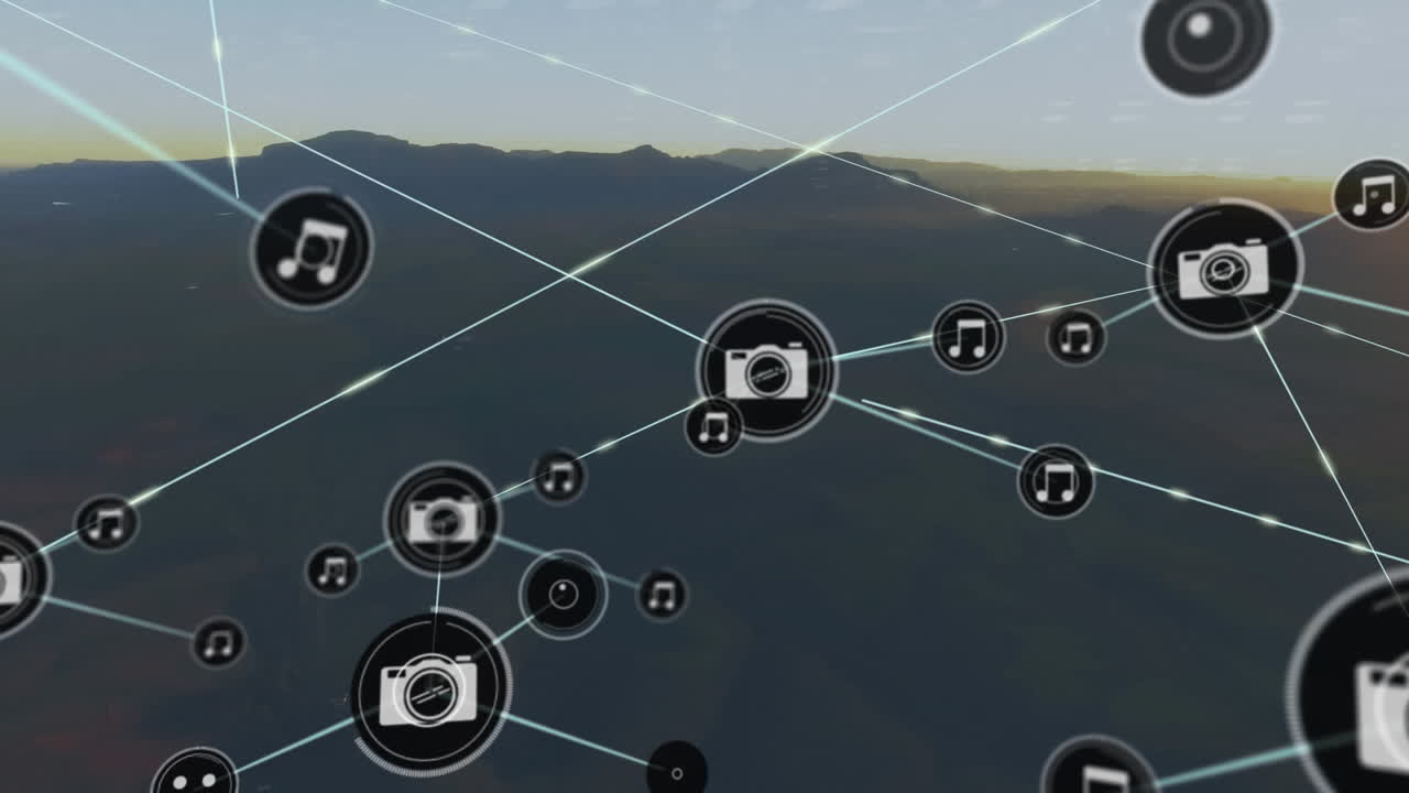 하늘을 배경으로 산의 실루에 대한 선으로 연결된 아이콘의 애니메이션