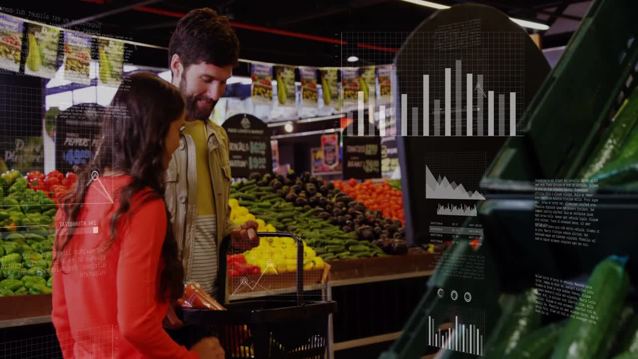 Couple grocery woman showing price label placing carrots man checking phone data rising over couple