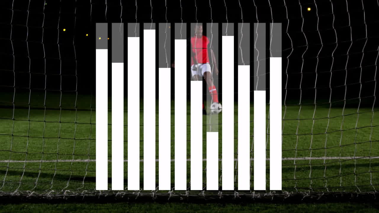 On field, soccer player in red jersey standing behind animated white bar graph