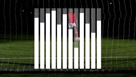 on field, soccer player in red jersey standing behind animated white bar graph