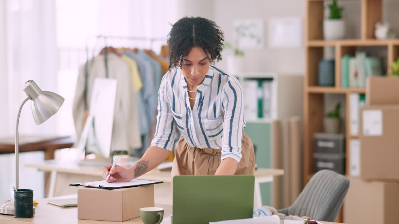 Woman, computer and writing on e commerce
