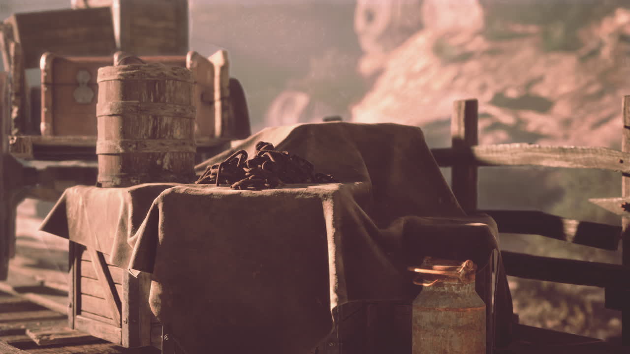 사막 의 은 마차 에 있는 녹슬은 사슬 과 나무 바구니