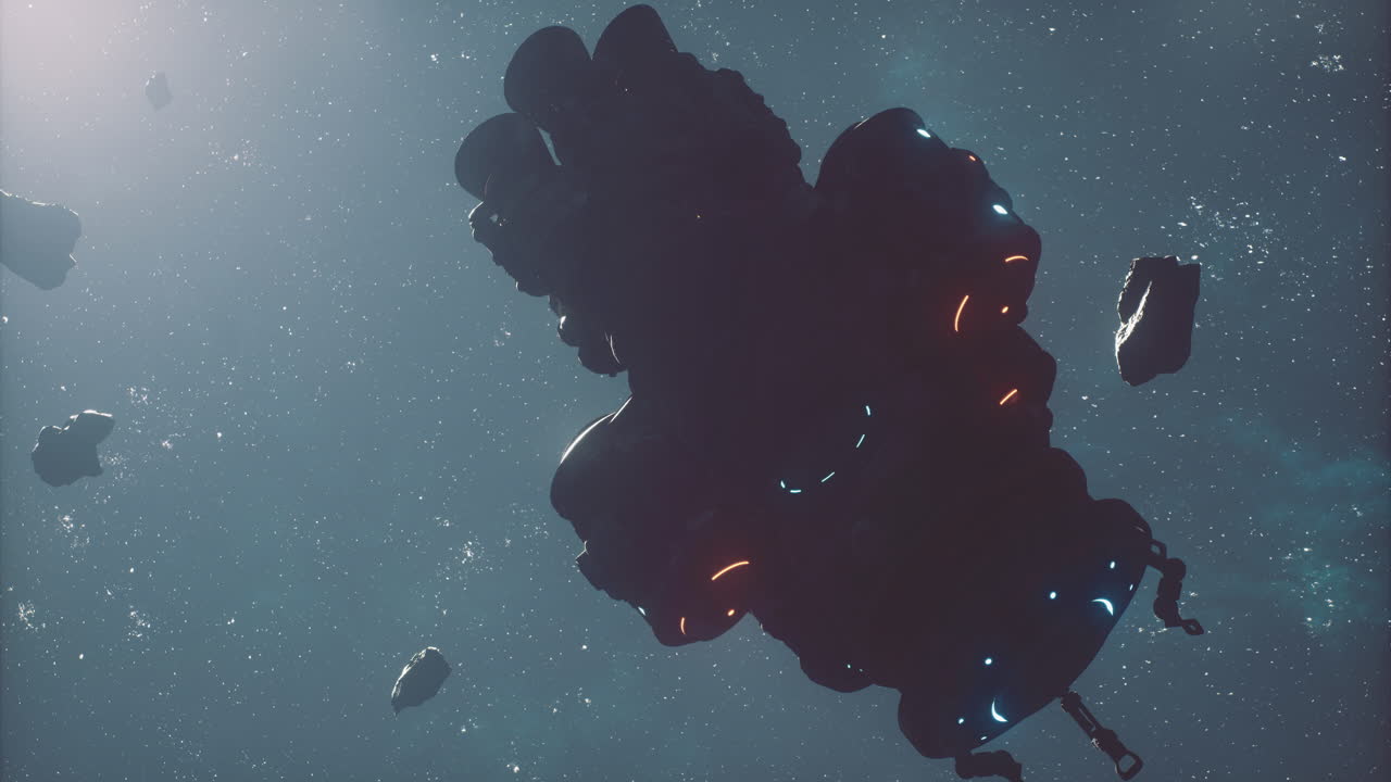 Exploration of a distant space scene with floating asteroids