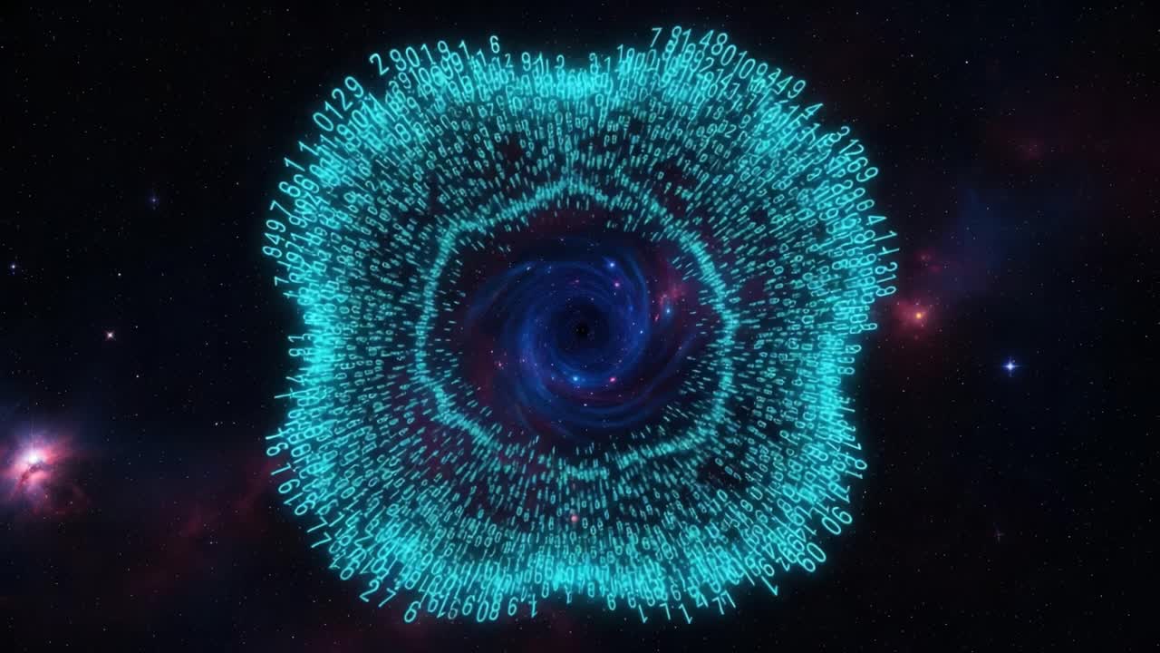An Ethereal Cosmic Vortex of Glowing Numbers and Patterns in a Deep Space Background, Illustrating the Intricacies of the Universe's Mathematical Mysteries
