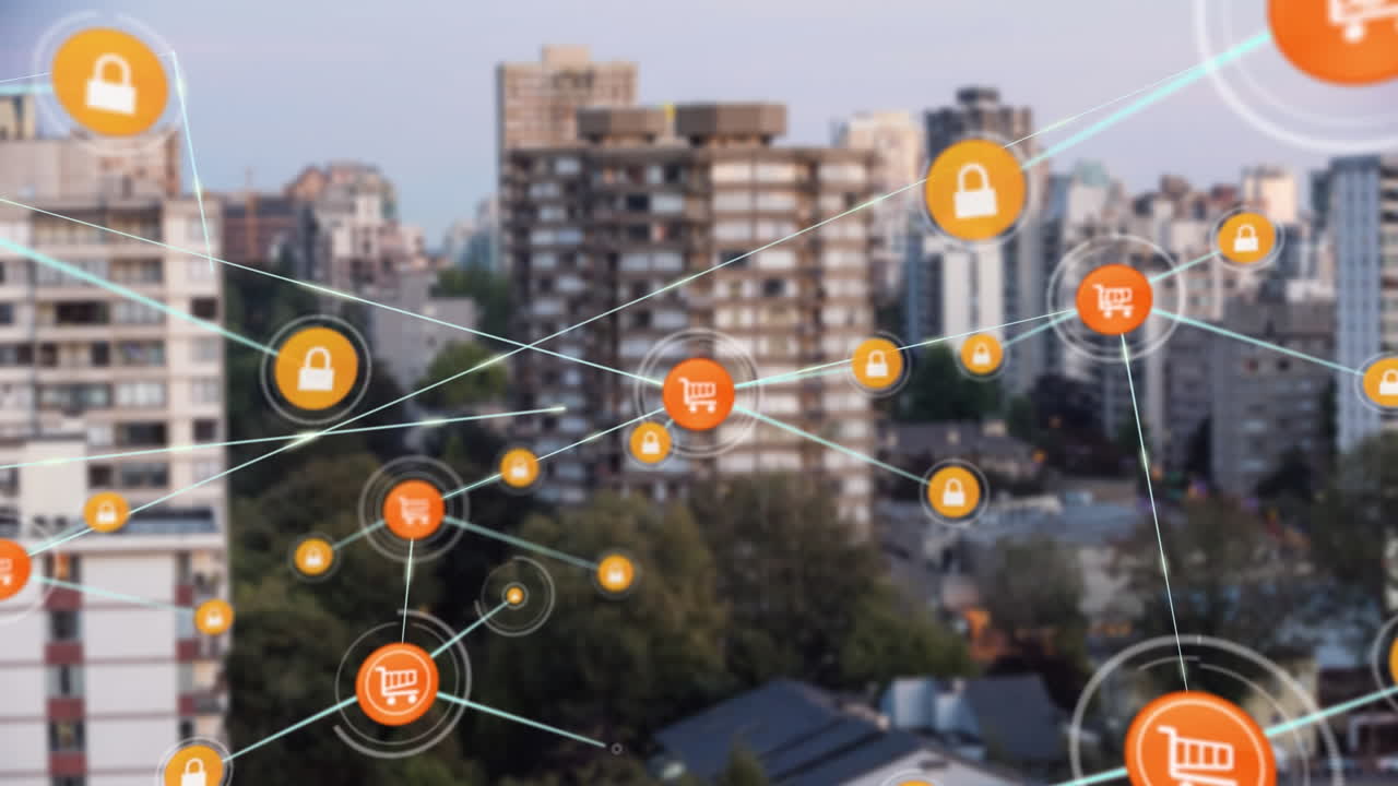 animación de la red de conexiones con iconos sobre el paisaje urbano