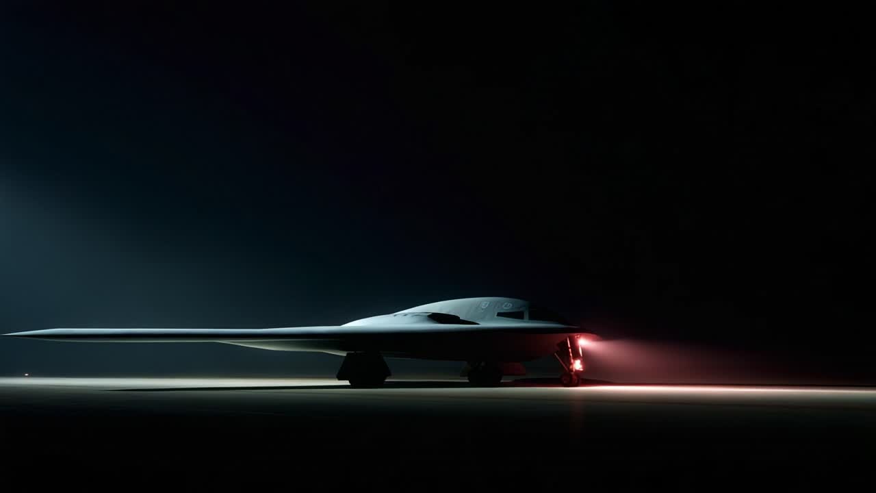 Aereo misterioso illuminato nell'oscurità: uno sguardo mozzafiato a un design avanzato di bombardiere invisibile, presentato in un ambiente con illuminazione spettacolare