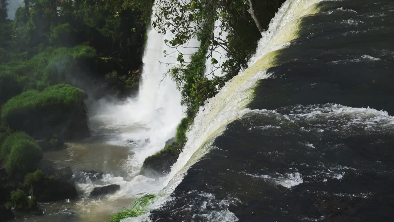cascada clara que desemboca en el borde de un largo acantilado, alta caída en una gran piscina rocosa, cascada empinada escondida en un hermoso paisaje verde de selva tropical en las cataratas de iguazú, argentina, américa del sur