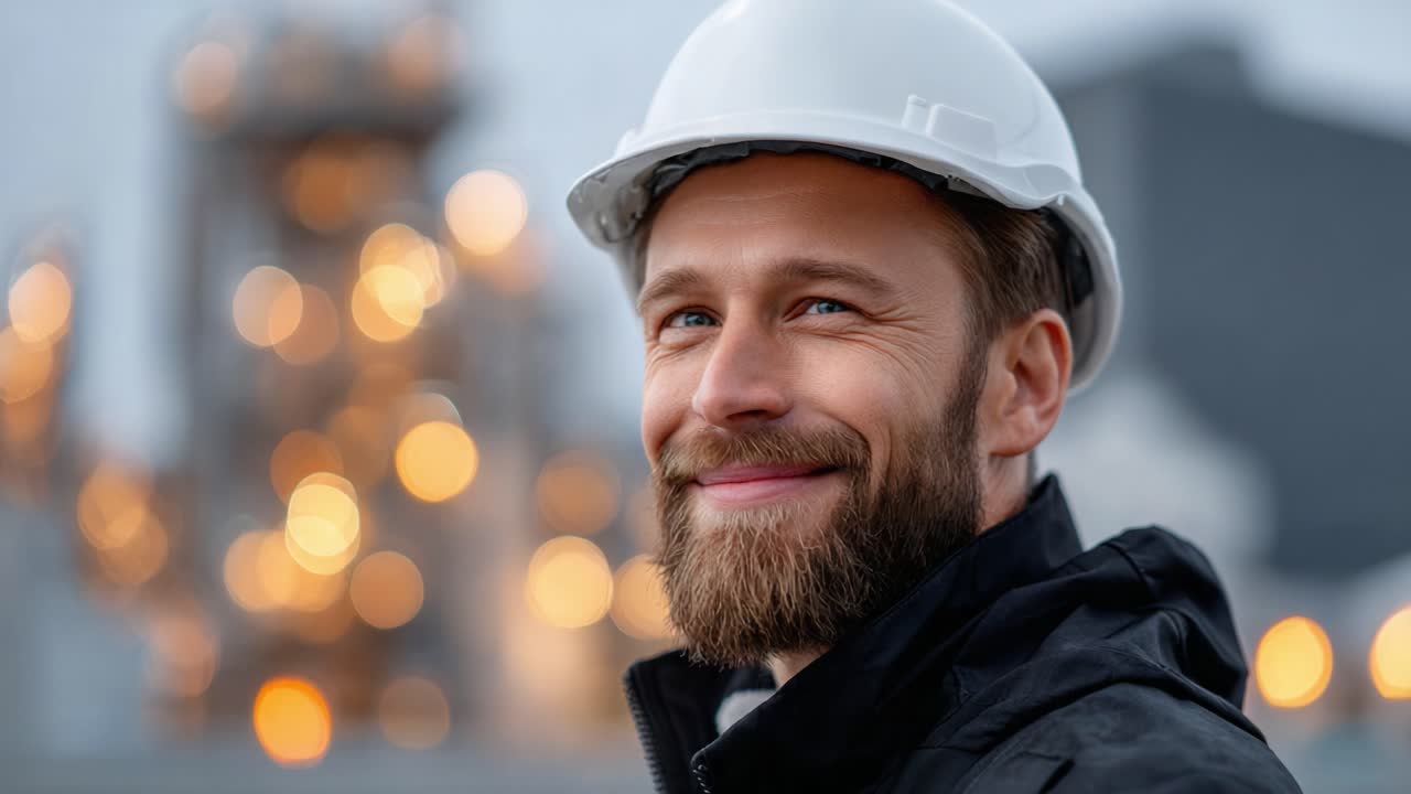 Confident Engineer Smiling in Hard Hat Against Blurred Industrial Background with Warm Bokeh Lights on a Cool Evening, Representing Safety and Professionalism