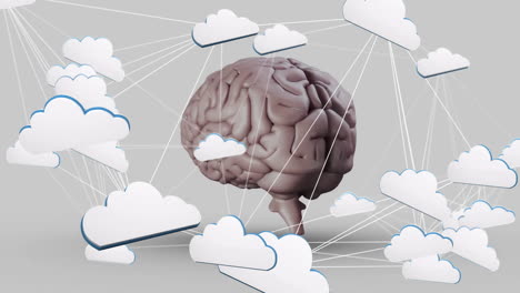 animation of digital data processing with connections and clouds over human brain