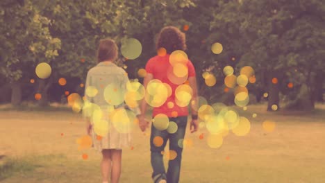 pareja caucásica de la mano y caminando juntos en un parque