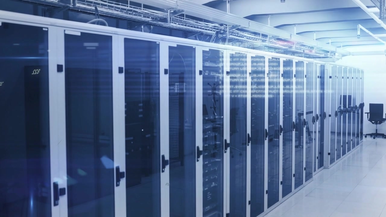 Camera starting tracking glass-front server cabinets, revealing LED and HUD overlay for monitoring
