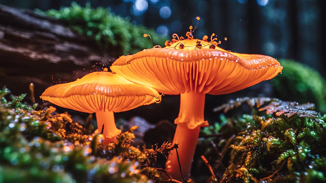 Funghi arancioni bioluminescenti che brillano in una foresta scura e muschiosa