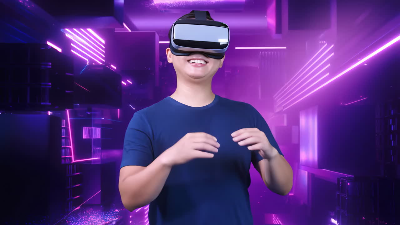 Man in VR Headset Interacting in a Futuristic Neon Virtual World