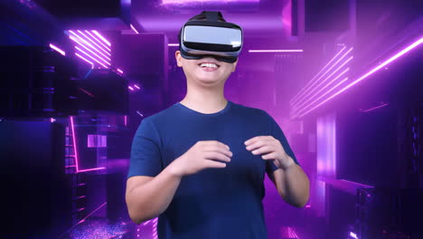 man in vr headset interacting in a futuristic neon virtual world
