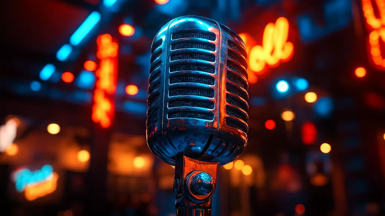 Microfono classico in un bar vivace. Un microfono è solo sul palco in un bar affollato con luci brillanti e persone che si godono l'intrattenimento di notte.