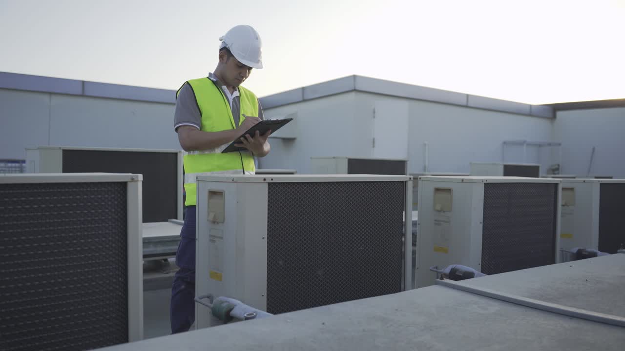 los ingenieros están inspeccionando el sistema de aire acondicionado en la cubierta de la fábrica.