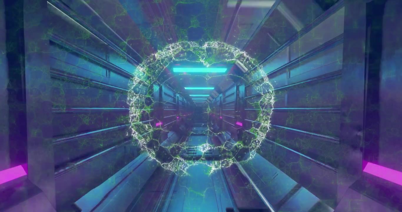 Animation of digital brain and shapes over neon tunnel