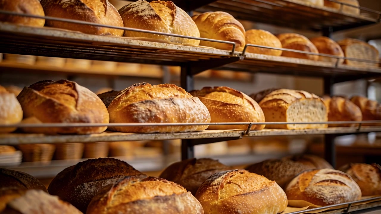 Shifting camera moving forward right, focusing on rack of round loaves in bakery, showcasing crust
