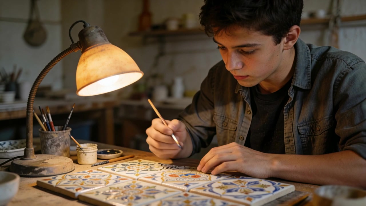Placing fine brush on motif, teen male maker painting ceramic tiles at workbench, filling patterns