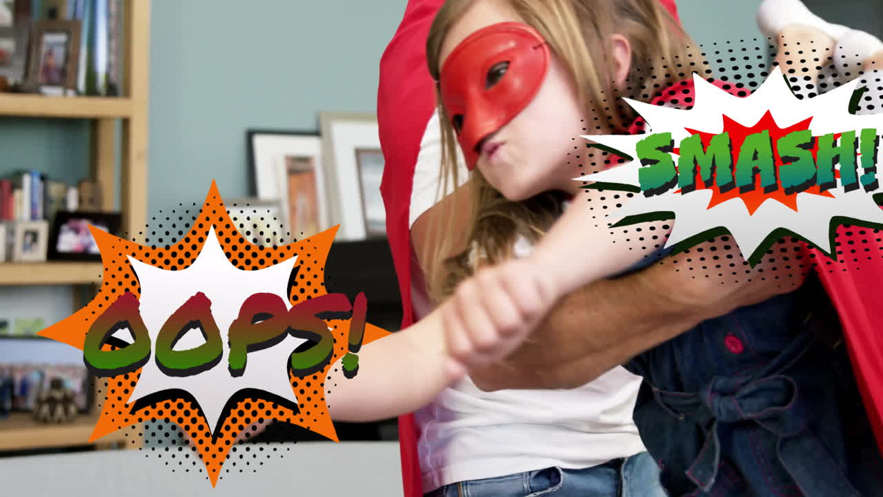 슈퍼히어로 의상을 입은 아이를 들고, 우프!와 스매시! 텍스트와 함께 만화 애니메이션