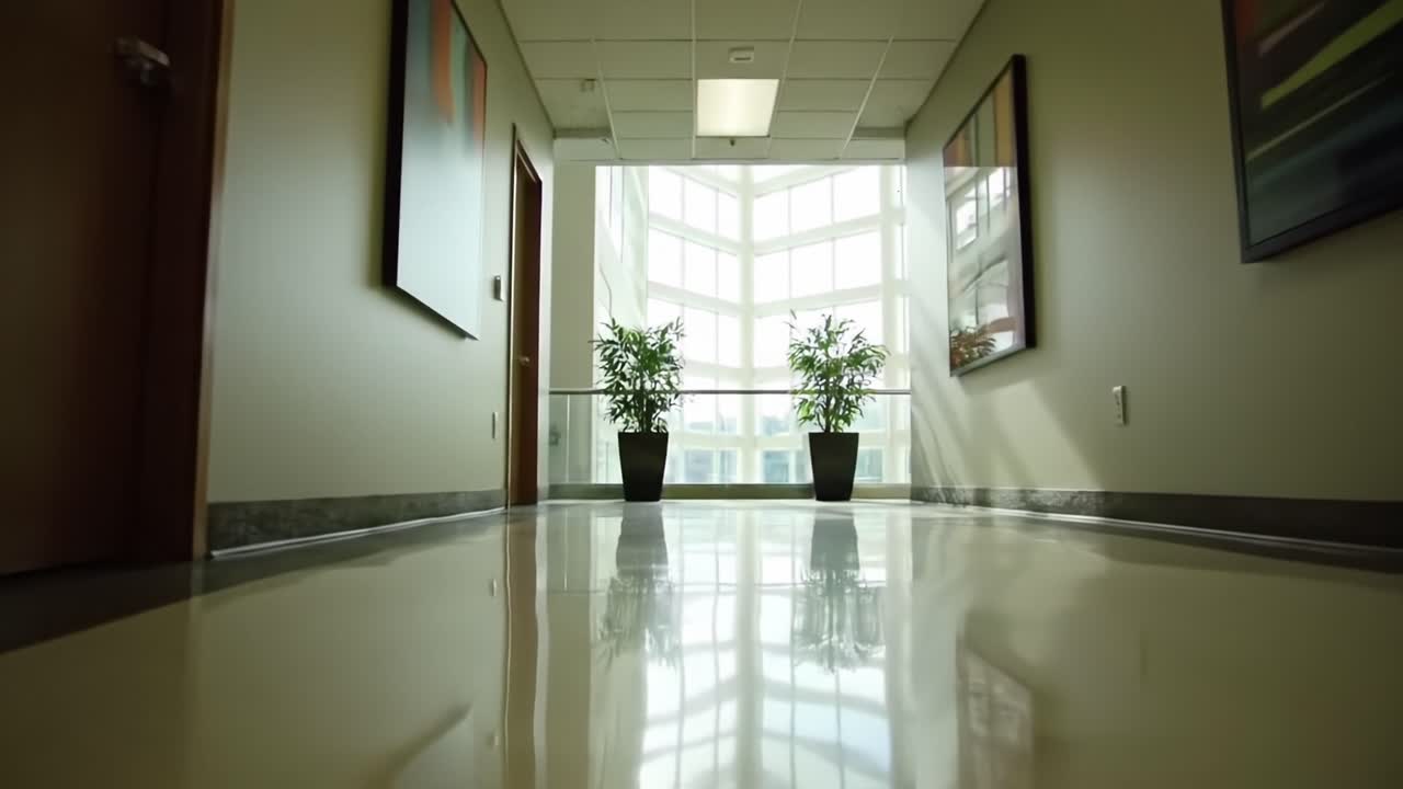 A Clean and Bright Office Hallway with Large Windows and Potted Plants, Showcasing Modern Interior Design and Inviting Atmosphere for Productivity