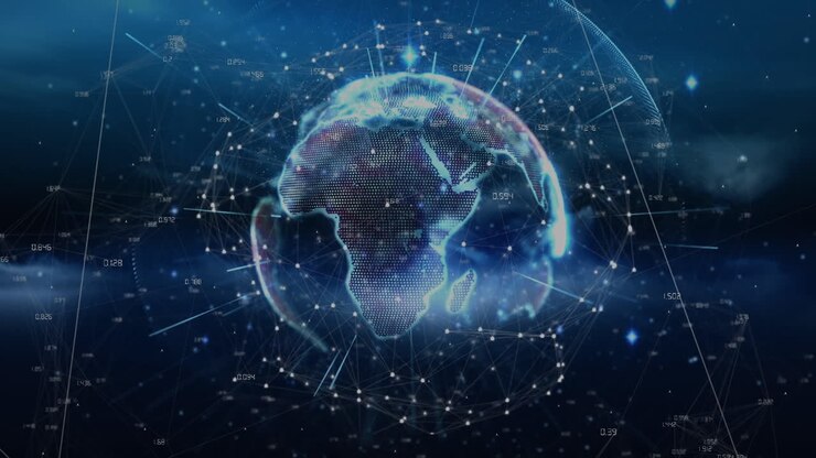 Digital animation of light trails over spinning globe against blue background