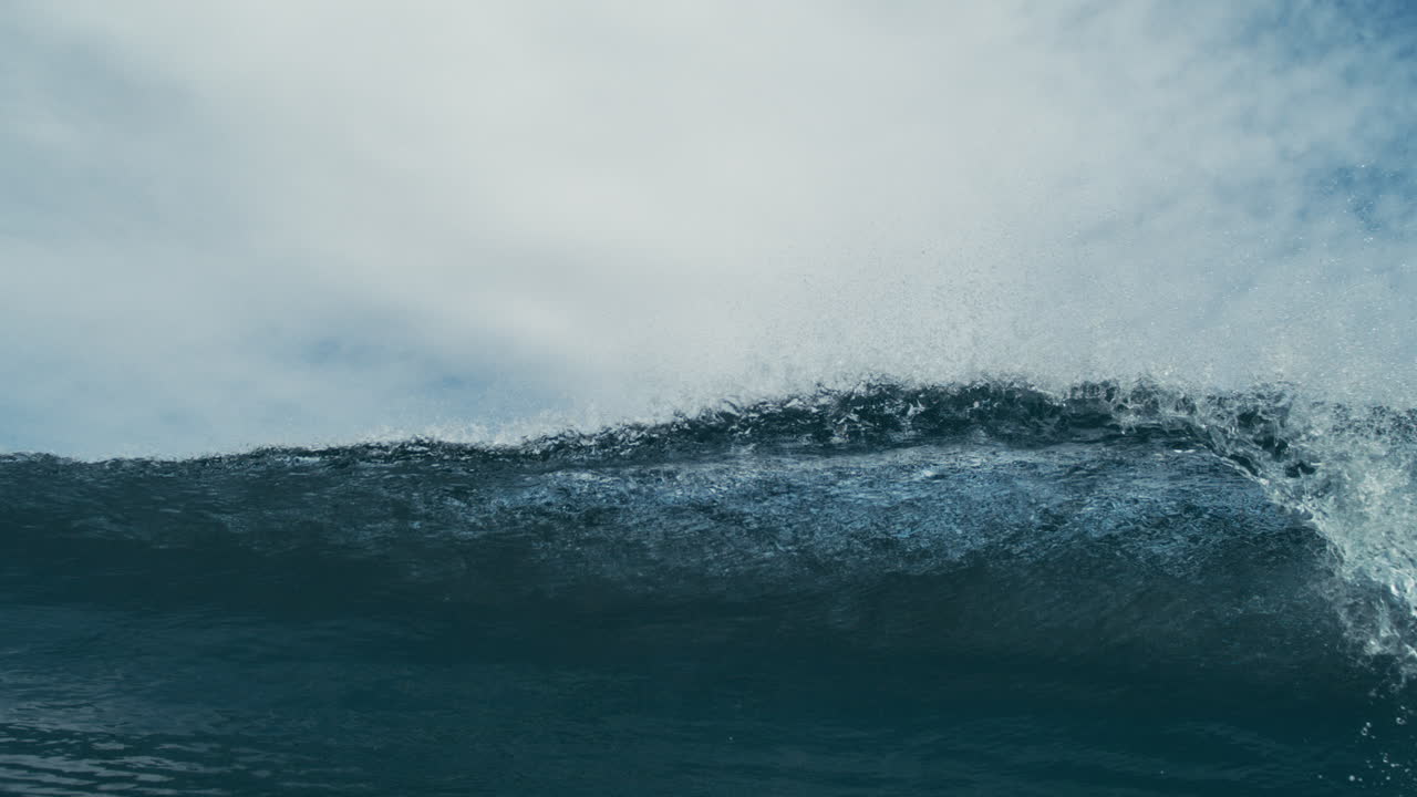 Tropical wave rolls forward in deep blue tones with glistening water surface