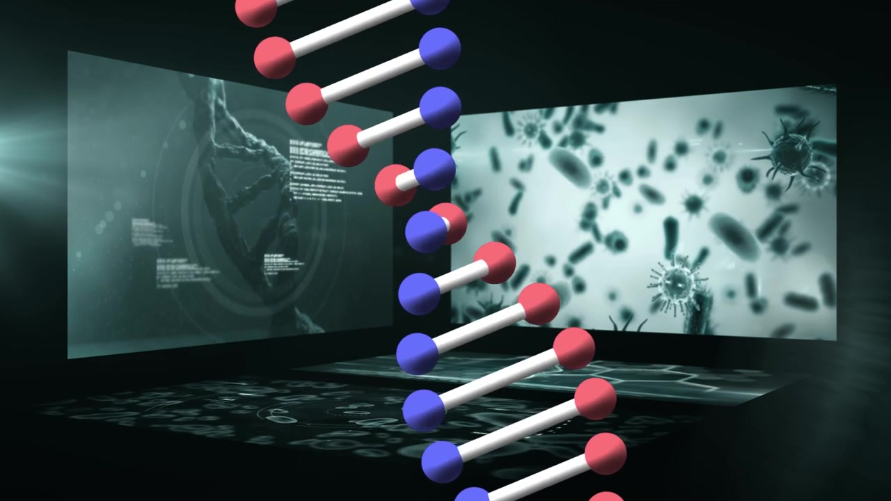 Animation of dna strand spinning over scientific data processing on blue background