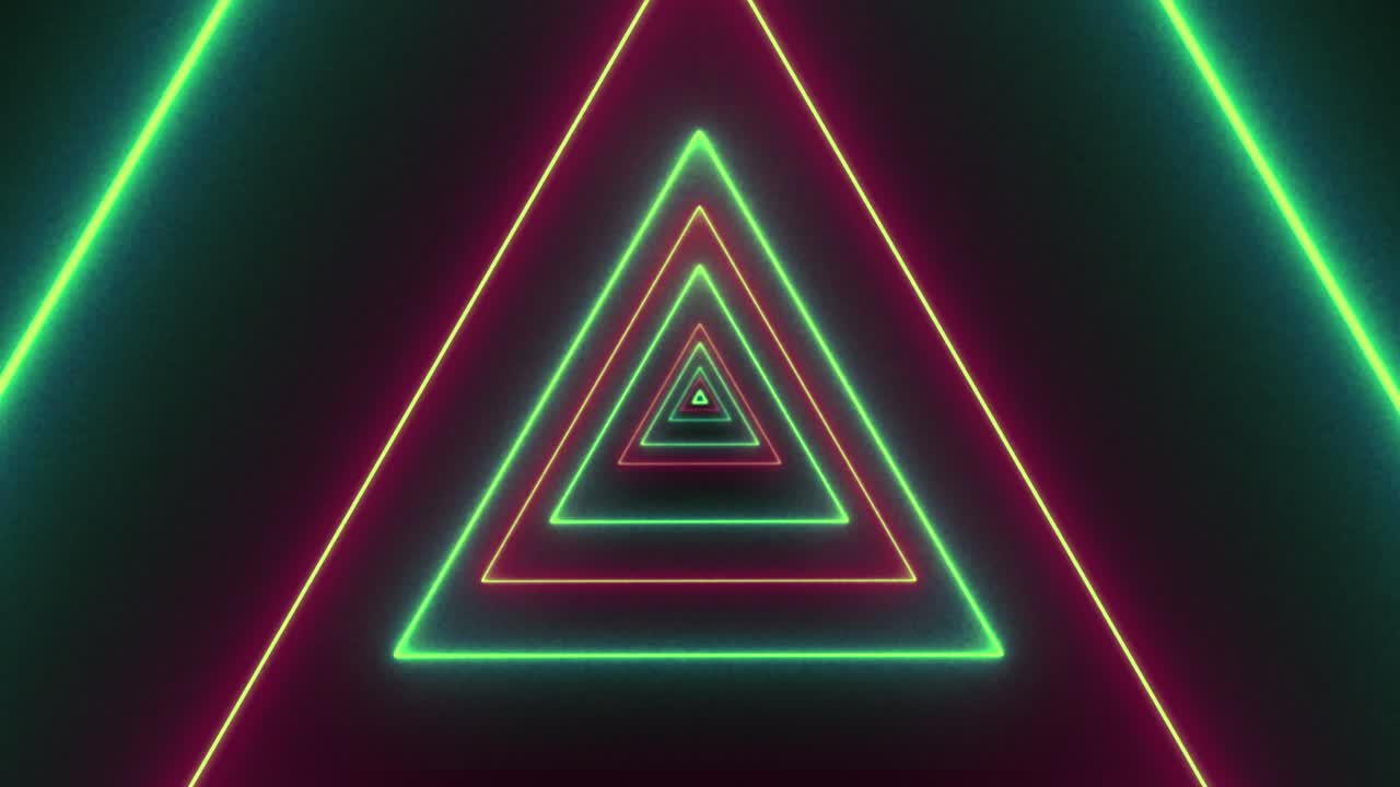 Seamless flight through endless tunnel of glowing green, yellow, and red neon triangles. For retro, VJ, or sci-fi visuals