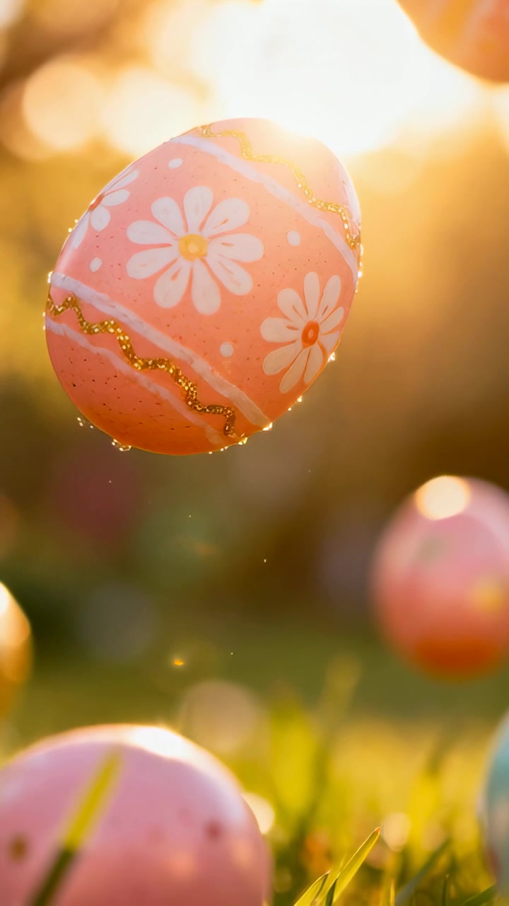 Video verticale: Uovo rosa decorato che scende e ruota durante la sequenza su un prato con rugiada e bokeh.