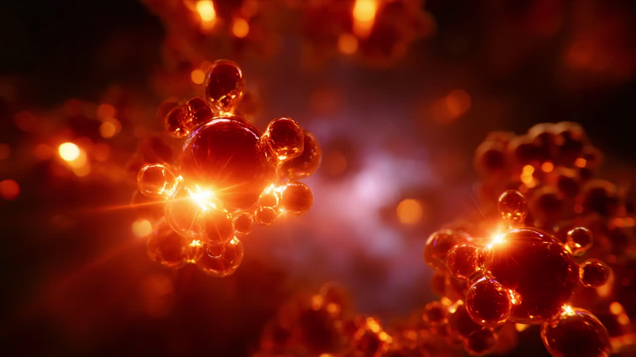 Exploração complexa de moléculas iluminadas em um espectro vibrante de laranja e vermelho, mostrando suas estruturas complexas e interações dinâmicas em movimento