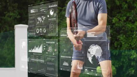 senior man swinging tennis racket on court, displaying floating ar graphs and fitness data overlays