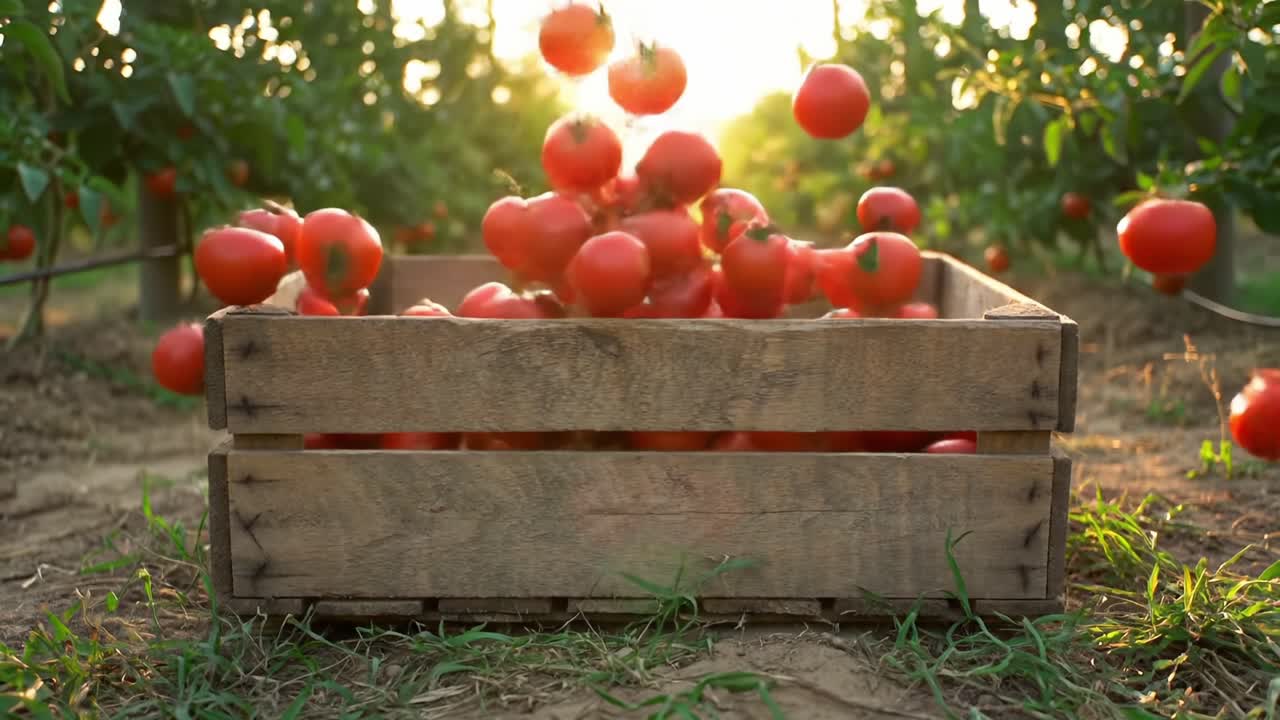 Tomatoes Collected at Sunset in a Farm Field Showcasing Fresh Produce and Agricultural Work
