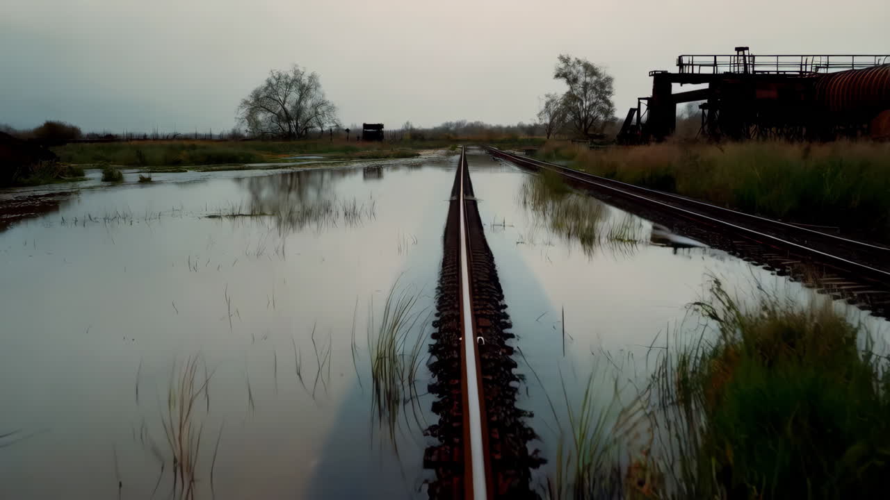 Flooded Railroad Tracks at Sunset