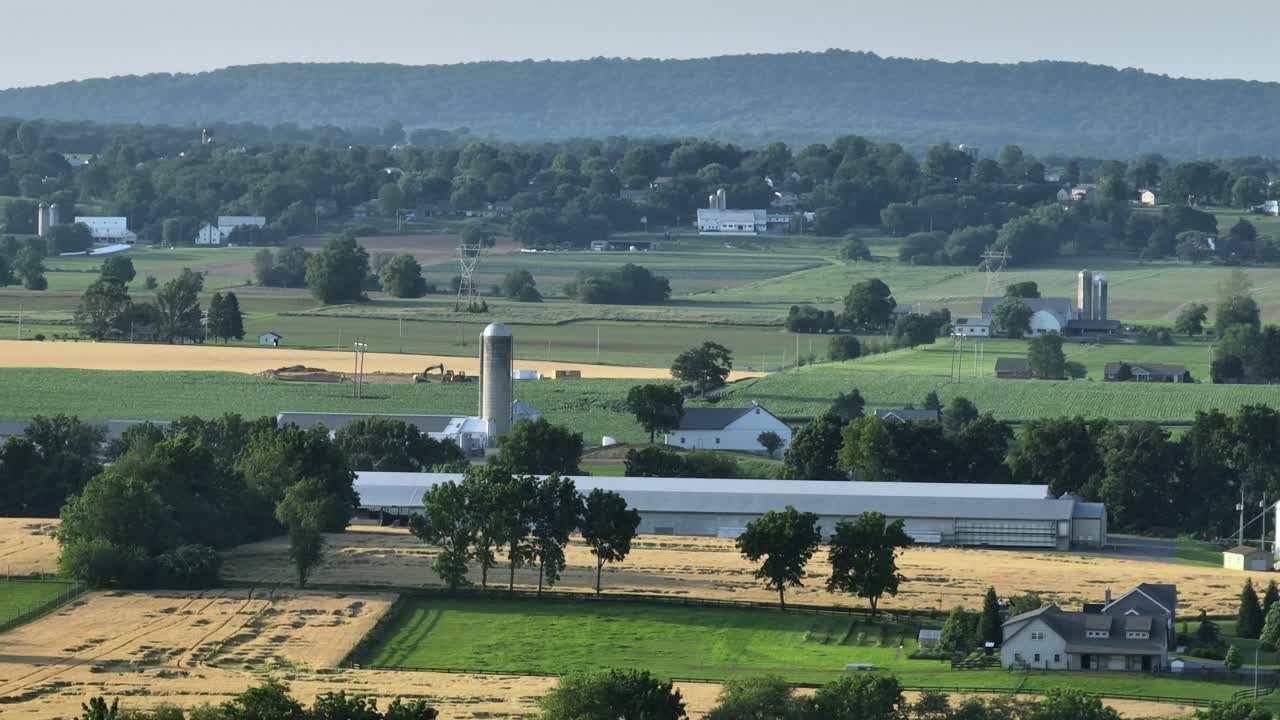 American farm fields and farmsteads with barn in rural area. Sunny day in summer season. Aerial wide shot. Green trees Avenue and silo storage for grain and food