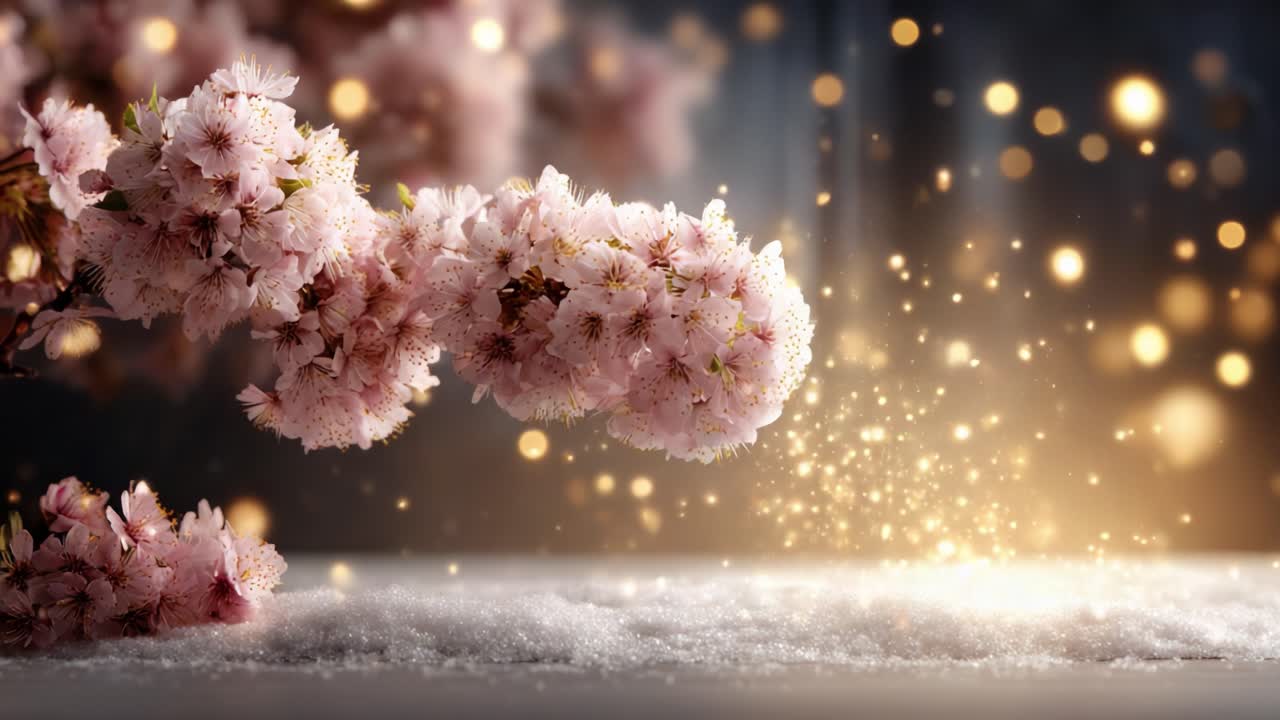 A Beautiful Display of Cherry Blossoms Surrounded by a Magical Particle Effect, Creating a Serene and Ethereal Atmosphere in Soft Lighting